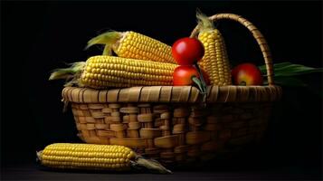 a basket filled with corn and tomatoes AI Generated photo