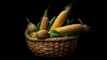 a basket filled with corn and tomatoes AI Generated photo