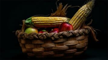 a basket filled with corn and tomatoes AI Generated photo