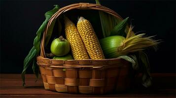 a basket filled with corn and tomatoes AI Generated photo