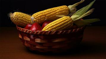 a basket filled with corn and tomatoes AI Generated photo