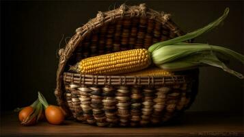 a basket filled with corn and tomatoes AI Generated photo