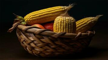 a basket filled with corn and tomatoes AI Generated photo