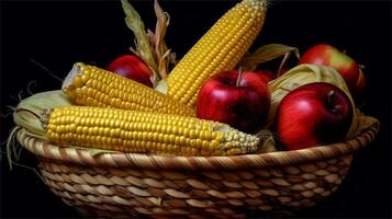 a basket filled with corn and tomatoes AI Generated photo