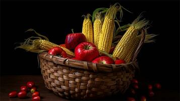 a basket filled with corn and tomatoes AI Generated photo