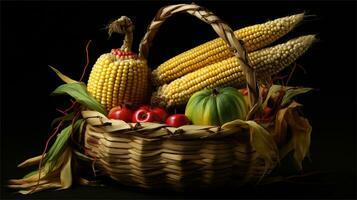 a basket filled with corn and tomatoes AI Generated photo