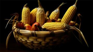 a basket filled with corn and tomatoes AI Generated photo