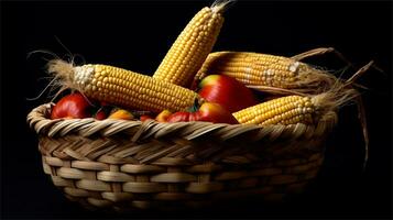 a basket filled with corn and tomatoes AI Generated photo
