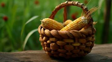 a basket filled with corn and tomatoes AI Generated photo