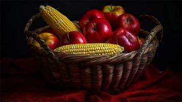 a basket filled with corn and tomatoes AI Generated photo