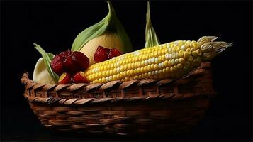 a basket filled with corn and tomatoes AI Generated photo