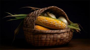 a basket filled with corn and tomatoes AI Generated photo