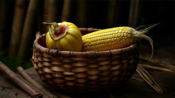 a basket filled with corn and tomatoes AI Generated photo