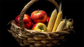 a basket filled with corn and tomatoes AI Generated photo