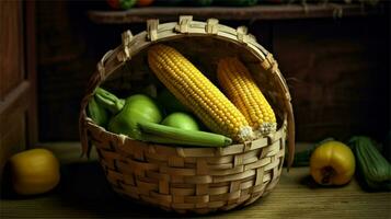 a basket filled with corn and tomatoes AI Generated photo