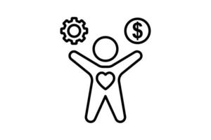 wellbeing icon. human with dollar, heart and gear. line icon style. simple vector design editable