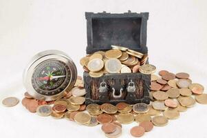 a chest with coins and a compass photo