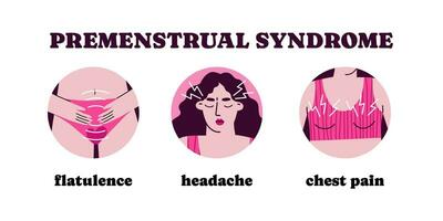 conjunto de 3 pms síntomas. Schumann período problemas o premenstrual síndrome. plano vector dibujos animados moderno ilustración.