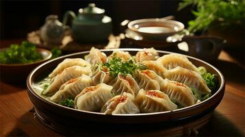 a plate of dumplings on a table AI Generated photo