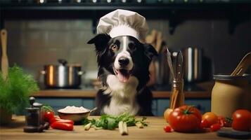 a black and white dog wearing a chef's hat surrounded by vegetables AI Generated photo