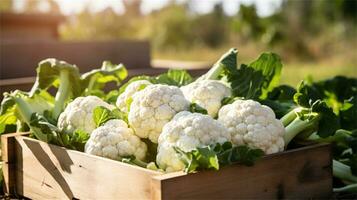 cauliflower in a wooden crate on a table AI Generative photo