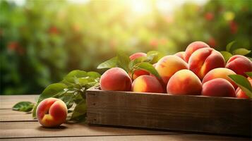 fresh peaches in a wooden box on a table AI Generative photo