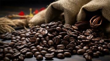 a pile of coffee beans sitting on top of a wooden table AI Generated photo