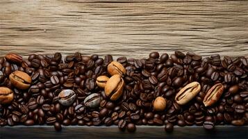 a pile of coffee beans sitting on top of a wooden table AI Generated photo