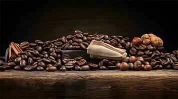 a pile of coffee beans sitting on top of a wooden table AI Generated photo