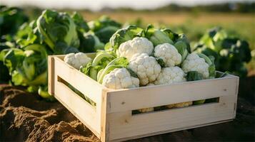 cauliflower in a wooden crate on a table AI Generative photo