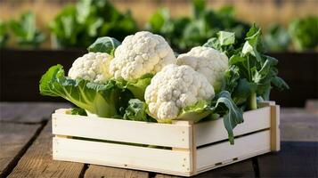 cauliflower in a wooden crate on a table AI Generative photo
