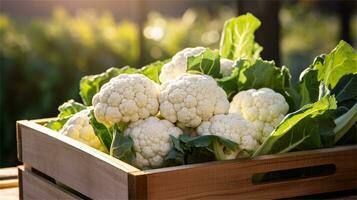 cauliflower in a wooden crate on a table AI Generative photo