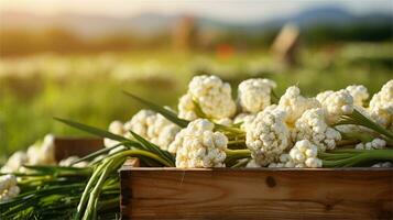 cauliflower in a wooden crate on a table AI Generative photo