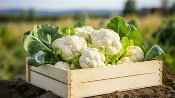 cauliflower in a wooden crate on a table AI Generative photo