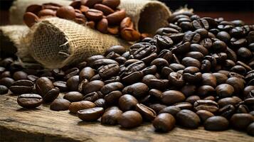 a pile of coffee beans sitting on top of a wooden table AI Generated photo