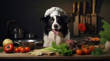 a black and white dog wearing a chef's hat surrounded by vegetables AI Generated photo