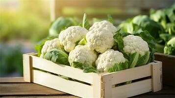 cauliflower in a wooden crate on a table AI Generative photo