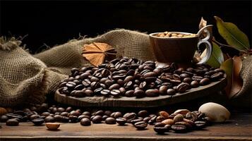 a pile of coffee beans sitting on top of a wooden table AI Generated photo