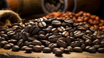 a pile of coffee beans sitting on top of a wooden table AI Generated photo