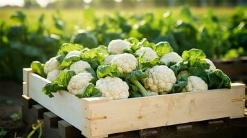 cauliflower in a wooden crate on a table AI Generative photo