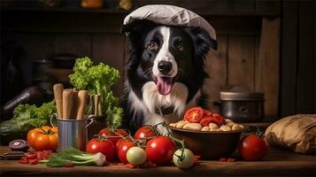 a black and white dog wearing a chef's hat surrounded by vegetables AI Generated photo