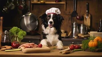a black and white dog wearing a chef's hat surrounded by vegetables AI Generated photo