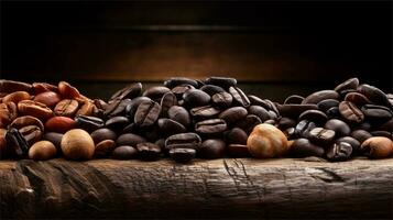 a pile of coffee beans sitting on top of a wooden table AI Generated photo