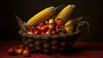 a basket filled with corn and tomatoes AI Generated photo