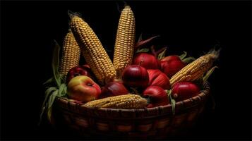 un cesta lleno con maíz y Tomates ai generado foto