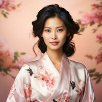 beautiful asian woman in white robe with cherry blossom ai generated photo