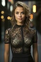 Portrait of a Beautiful Woman in a Stylish Trendy Fashion Dress. Ai Generated photo