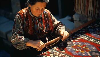 un persona en tradicional ropa es trabajando en un alfombra ai generado foto
