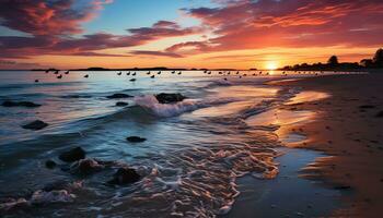 a beautiful sunset on the beach with birds flying over it ai generated photo