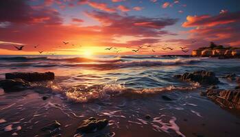 a painting of the sunset on the beach with birds flying over it ai generated photo